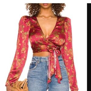 House of Harlow 1960 Red Floral Alaia Wrap Blouse Long Sleeve V-Neck Size S NWT